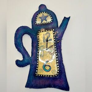 Vintage Large L Jacque Handmade Plaster-Resin Tea Pot Wall Clock- Signed 1998